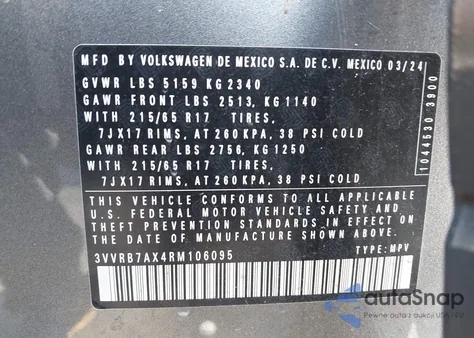 2024 Volkswagen Tiguan 2.0T S from USA, damaged, VIN 3VVRB7AX4RM106095